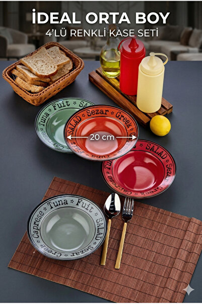 Genel Markalar 4'lü Renkli Mini 20 cm Salata Tabağı/Makarna Tabağı/Çukur Taba...