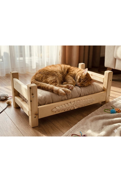 El Yapımı Çam Ağacı Kedi Karyolası ve Özel Üretim Sünger Yatağı– 30x52x23 Cm