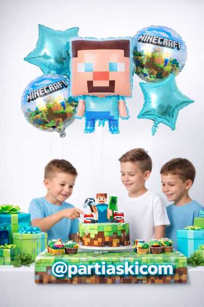 PARTİ AŞKI Minecraft Steve Folyo Balon Seti 5' li & Minecraft Tema Erkek Doğu...