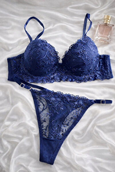 SİLVER MİRROR Set de lenjerie intimă cu model de flori albastru bleumarin