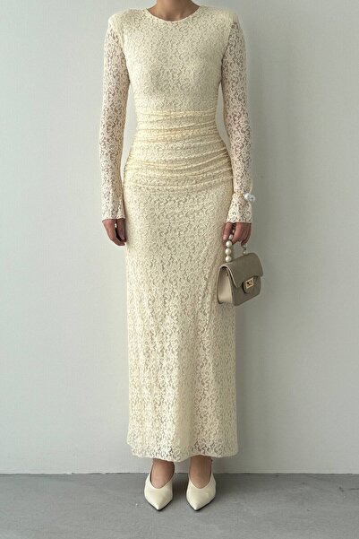 Julidress Rochie maxi lungă din dantelă premium, căptușită cu guler ridicat c...