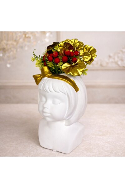 velve Vaza Girl, din material ceramic, cu aranjament floral artizanal, Alb/Auriu