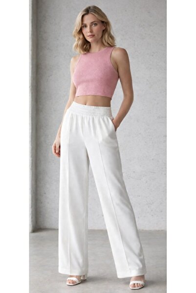 Dagü Design بنطلون سكوبا نسائي بخصر مطاطي وتفاصيل مضلعة بلون إكرو مريح