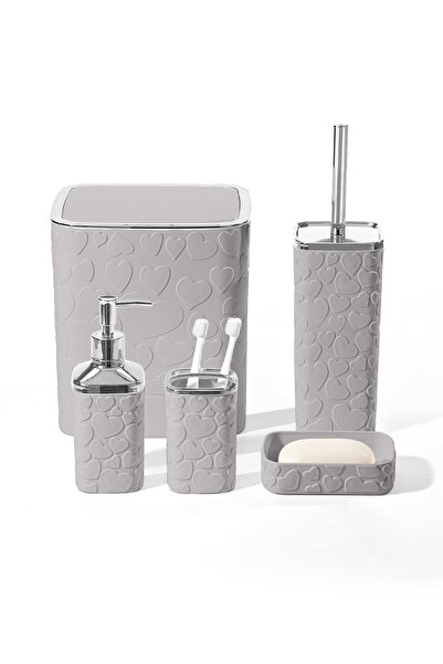 MAKRİ HOME 5 Parça Banyo Seti, Kalp Desenli, Gri Silver, Kare, Click Kapaklı,...