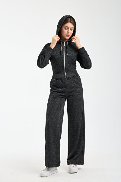 3 ROPE Pantaloni de trening largi pentru femei, cu sclipici argintii, wide-le...