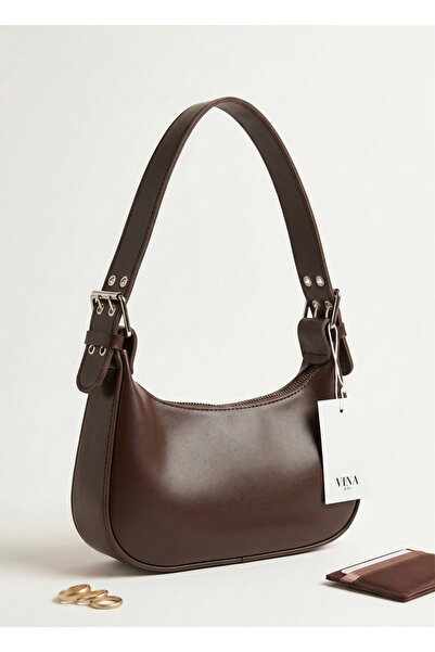 Vina Bag سيّا - حقيبة باجيت بيضاوية الشكل باللون البني الحار للنساء مظهر جلدي...