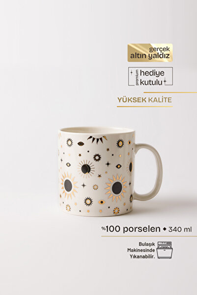 TUSE LIVING Eclipse Gerçek Altın Yaldızlı Gökyüzü Desenli Porselen Kupa 340 ml