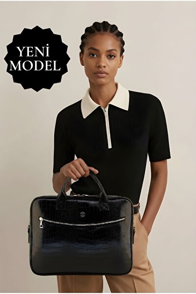 QUB ŞEKER Servietă unisex neagră pentru laptop, crocodil, de 15 și 15,6 inchi