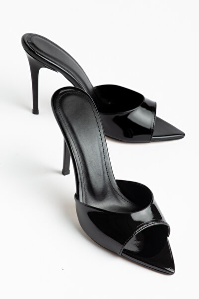 ELEVAM Papuci de damă din piele lacuită neagră de 10 cm, papuci cu toc