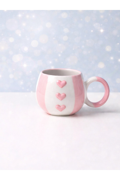KYA CERA Pembe Şeritli Pembe Kalp Kabartmalı Tekli El Yapımı Kupa