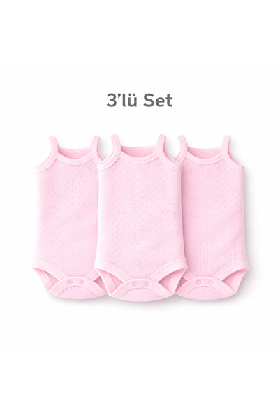Novibaby 3'lü Jakarlı İp Askılı Bebek Body Zıbın Çıtçıtlı Pembe 100% Pamuk - ...