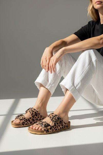 LAND OF CORK LC Leopard Patterned Anatomical Natural Cork Sole Genuine Suede Leather Arch Support Slippers