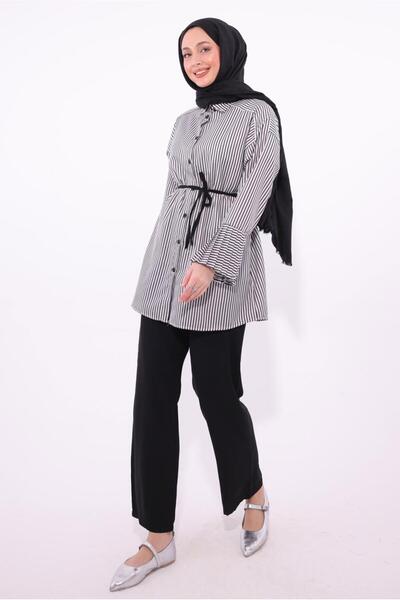 TRENDTESETTÜR KADIN SİYAH ÇİZGİLİ PANTOLONLU TAKIM T 6284