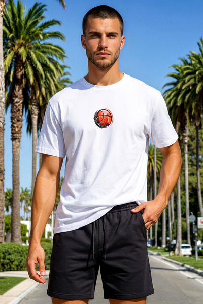 RunGear Up Men's Basketball Patterned White 100% Cotton Sports T-Shirt Regular - Standard Fit Crew Neck Sports Basic T-Shirt - White Casual Basketball T-Shirt
