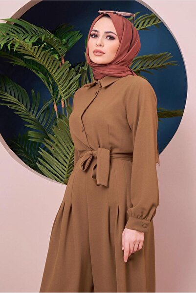 TRENDTESETTÜR KADIN KAHVE DÜĞME DETAYLI KUŞAKLI TULUM 14051