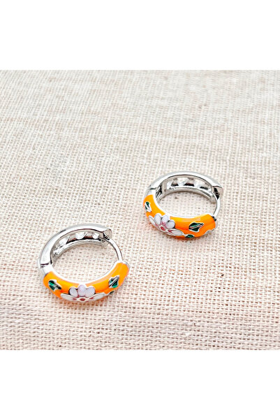Siya Silver Floral Orange Silver Color Hoop Earrings