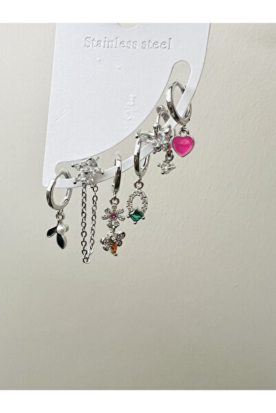 ACAR TAKI طقم أقراط فولاذي مكون من 6 قطع بتصميم قلب وردي وفراشة ونجمة - لون ف...