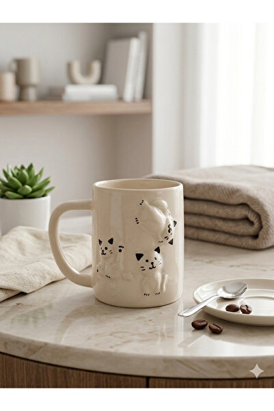 HOMEFECT 3 أكواب سيراميك منقوشة على شكل قطة مصنوعة يدويًا