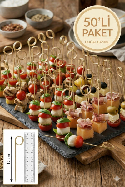 TOYFEST 50’li Pkt 12 cm Dekoratif Yuvarlak Bambu Kürdan - Kokteyl Kürdanı Par...
