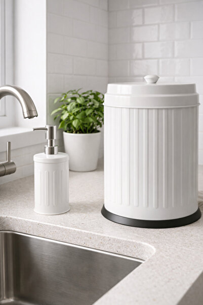 Yufira Life Tezgah Üstü Beyaz Çöp Kovası ve Sıvı Sabunluk Seti – Kapaklı Mutf...