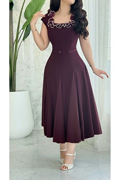 Opera Fashion فستان سهرة ميدي أنيق بحزام وتفاصيل راقية