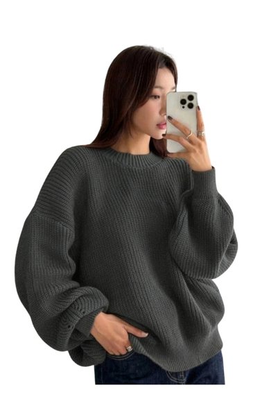 MODASPARK Anthracite Crew Neck Oversize Women's Knitwear Sweater