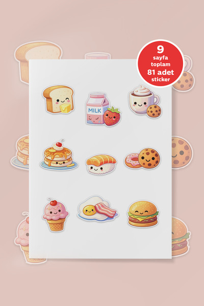 To Design Lab Eğlenceli Yiyecek Sticker Seti 3 Farklı Set 9 Sayfa/81 Adet Sti...