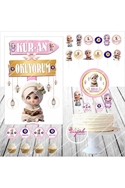 SİYAH PARTİ EVİ KURAN OKUYORUM / KURAN PARTİSİ KIZ Panosu / Pasta Süsü Seti