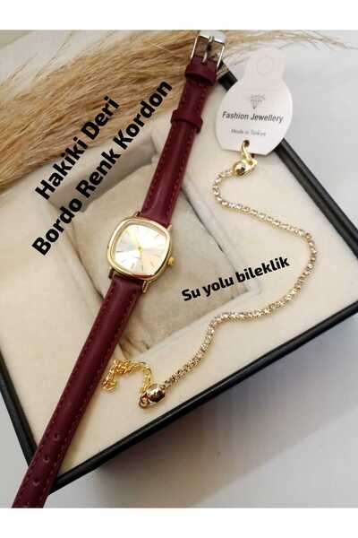 Brality Vintage Kadın Kol Saati Retro Minimal - HAKİKİ DERİ Bordo Renk Kordon...