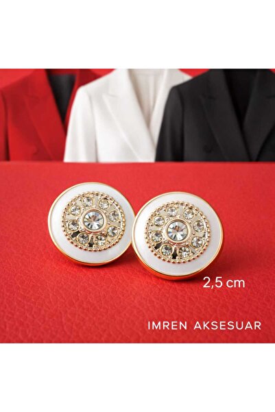 İMREN AKSESUAR Kristal Taşlı Ortası Beyaz Mineli 2,5 Cm Sarı Metalize Düğme 1...