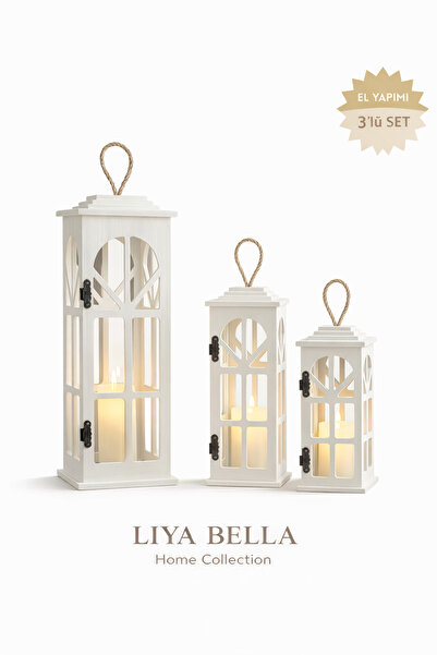 Liya Bella 3’lü Dekoratif Ahşap Fener Seti | Mumluk Fener Ev & Balkon Dekoras...