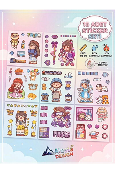 Alesta EP Design 15 Sayfa Anime Sevimli Şeffaf Suya Dayanıklı Sticker Etkitet...