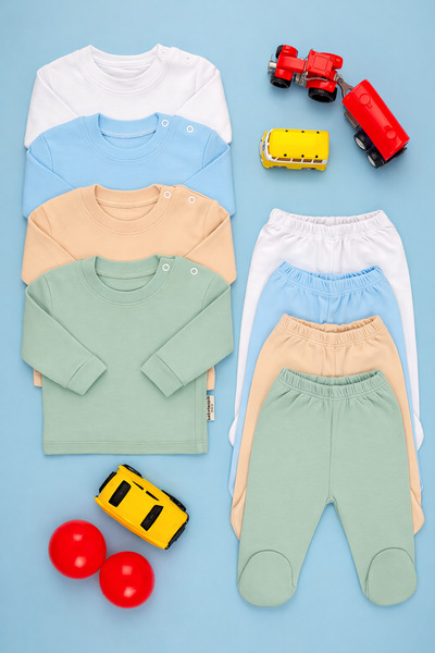 bebetospik Cotton Soft 4-Piece Set for Baby Boy - Long Sleeve and Shoulder Snap