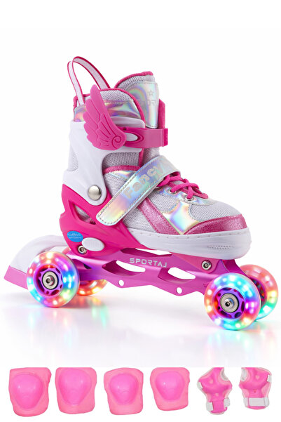 Sportaj Melek Kanatlı Işıklı Çocuk Pateni ve Dizlik Seti Silikon Teker Ayarla...