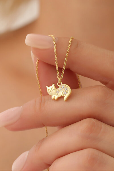 Nox Jewelry 14 Ayar Altın Mikron Kaplama Taşlı Kedi Gümüş Kolye - Taşlı Minim...
