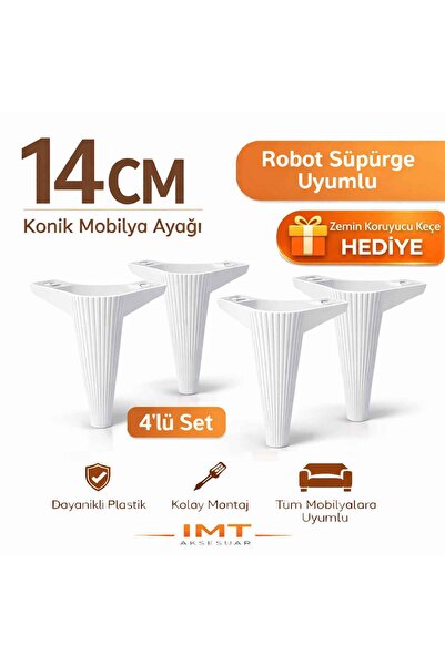 İMT AKSESUAR Konik 14 cm Beyaz Mobilya 4 Adet Ayağı Robot Süpürgeye Uyumlu Ko...