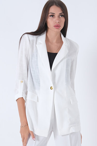 Feminist Kolları Düğme Toparlamalı Keten Ceket Beyaz 01051361
