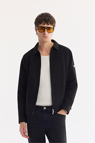 Avva Men's Black Classic Collared Fleto Pocket Zippered Suede Coat A61Y6000