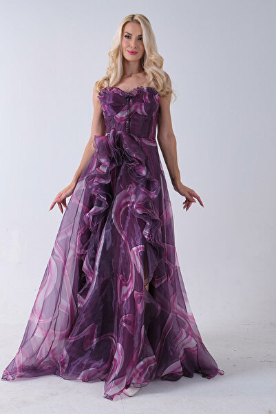 Feminist Straplez Yaka Önü Düğme Detaylı Desenli Fırfırlı Abiye Mürdüm 9705680