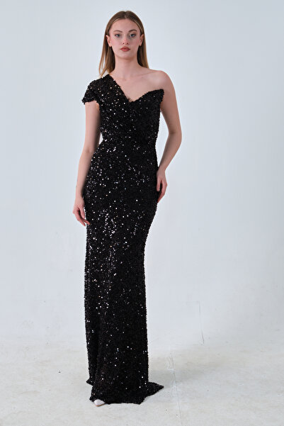 Feminist Tek Omuz Pul Payetli Straplez Abiye Siyah 0801130