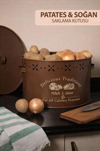 naturelove 2 Bölmeli Metal Patates Soğan Saklama Kutusu - Büyük Boy Dekoratif...