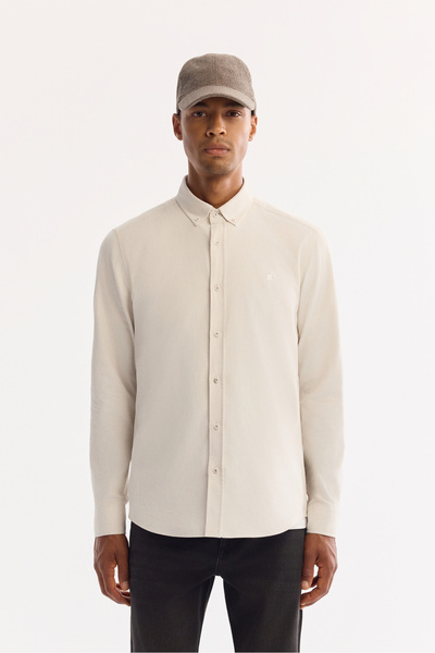 Avva Cămașă pentru bărbați, alb catifelat, cu guler cu nasturi, bumbac 100% S...