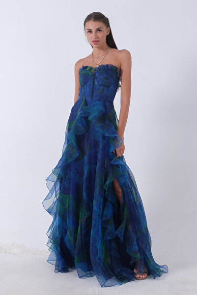 Feminist Straplez Yaka Yırtmaçlı Eteği Fırfırlı Abiye Saks 9705163