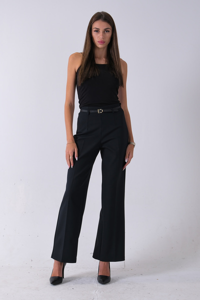 Feminist İnce Kemerli Cepsiz Bol Paça Uzun Pantolon Lacivert 03030306