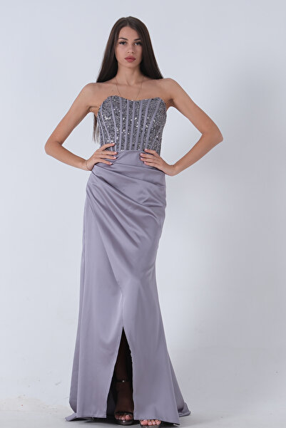 Feminist Göğüs Pul ve Taşlı Saten Abiye Gri 9705294