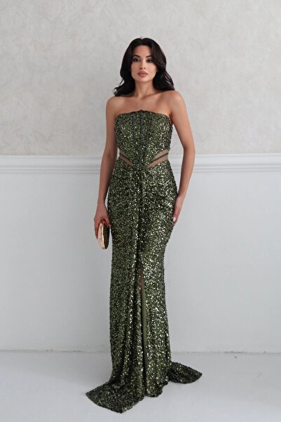 Feminist Önü Taş Detaylı Yırtmaçlı Pul Payet Straplez Abiye Haki 0801163