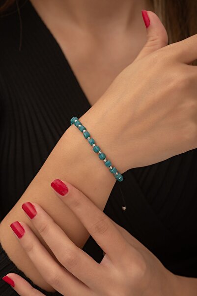 SUNSHINE 925 Ayar Rodyum Kaplamalı Makrome Örgü Dorika Ve Turkuaz Taşlı Ayarl...