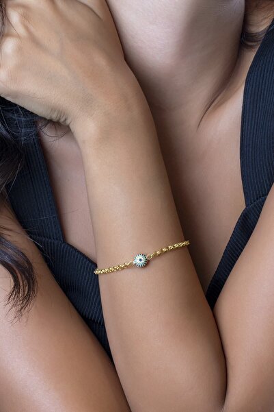 SUNSHINE 925 Ayar Gold Kaplamalı Zirkon Taşlı Tekli Nazar Göz Gümüş Bileklik