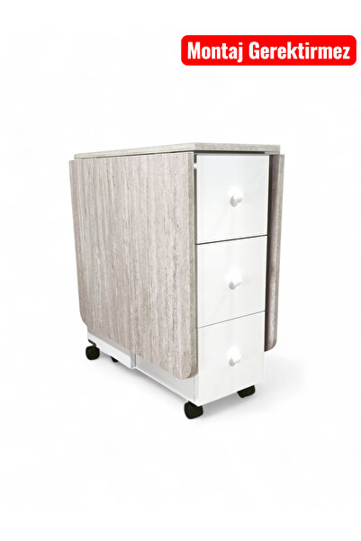 Ege Halı Katlanır Kırma Dolaplı Mutfak Masası Çekmeceli Balkon Masası Traverten