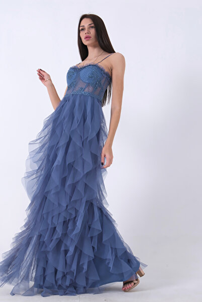 Feminist Transparan Taşlı Eteği Fırfırlı Abiye İndigo 9705034